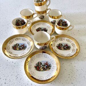 Vintage Set of 7 Sabin Espresso Cups & 4 Saucers - Crest-O-Gold Warranted 22k